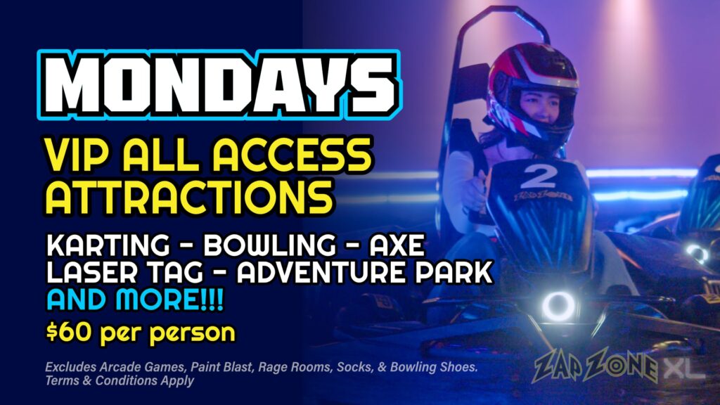 Zap Zone XL amusement center-indoor games-arcade games-family games-family events-attractions-5220 W Saginaw Highway-Lansing-Michigan 48917-Mondays-VIP All Access Attractions-Karting-Bowling-Axe-Laser Tag-Adventure Park