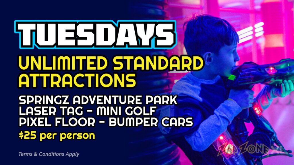 Zap Zone XL amusement center-indoor games-arcade games-family games-family events-attractions-5220 W Saginaw Highway-Lansing-Michigan 48917-Tuesday-Unlimited Standard Attractions-Springz Adventure Park-Laser Tag-Mini Golf-Pixel Floor-Bumper Cars