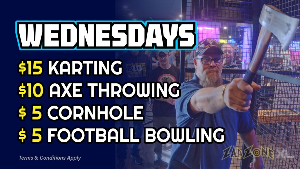 Zap Zone XL amusement center-indoor games-arcade games-family games-family events-attractions-5220 W Saginaw Highway-Lansing-Michigan 48917-Wednesday-Karting-Axe Throwing-Cornhole-Football Bowling