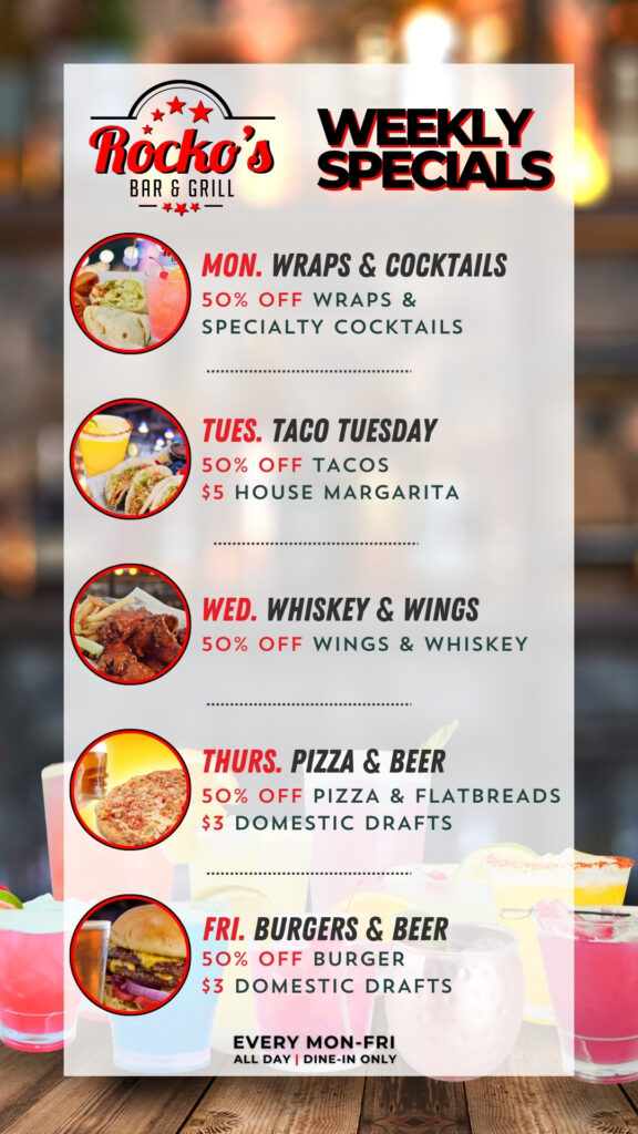 Zap Zone XL amusement center-indoor games-arcade games-family games-family events-attractions-5220 W Saginaw Highway-Lansing-Michigan 48917-Rockos Bar & Grill-Weekly Specials-Monday-Wrap & Cocktails-Tuesday-Taco Tuesday-Wednesday-Whiskey & Wings-Thursday-Pizza & Beer-Friday-Burgers & Beer